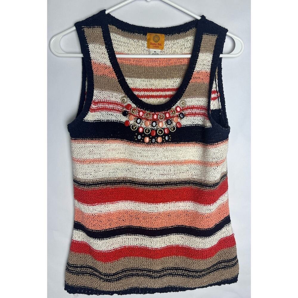 Ruby Rd. Knit Top Sleeveless Petite Size XL Striped w/Neckline Embellishment